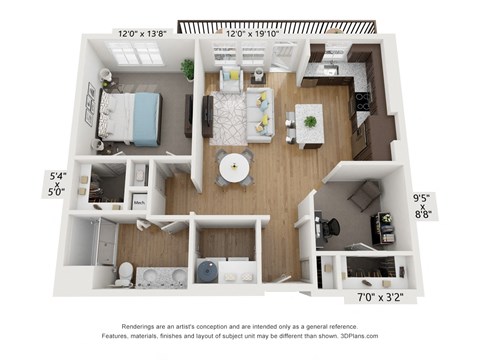 Floor plan for 1 bed, 1 bath, 893 sqft
